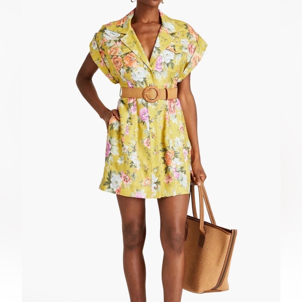 Zimmermann Belted Floral Linen Mustard Rose Mini Dress NWT - Picture 2 of 10